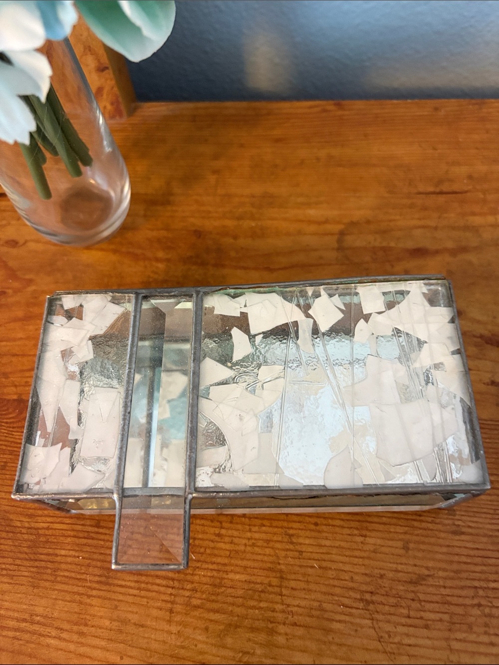 Vintage Mirrored Glass Mosaic Trinket Box - White/Silver